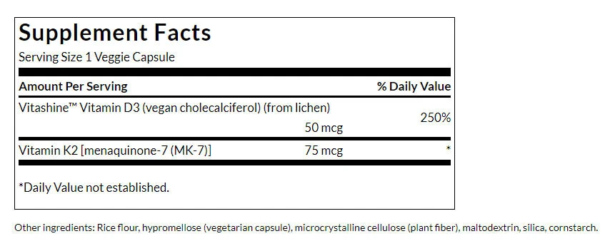 Swanson – D-vitamin D3 2000IU + K2 75mcg – 60 vegetablas kapsulas - Image 2